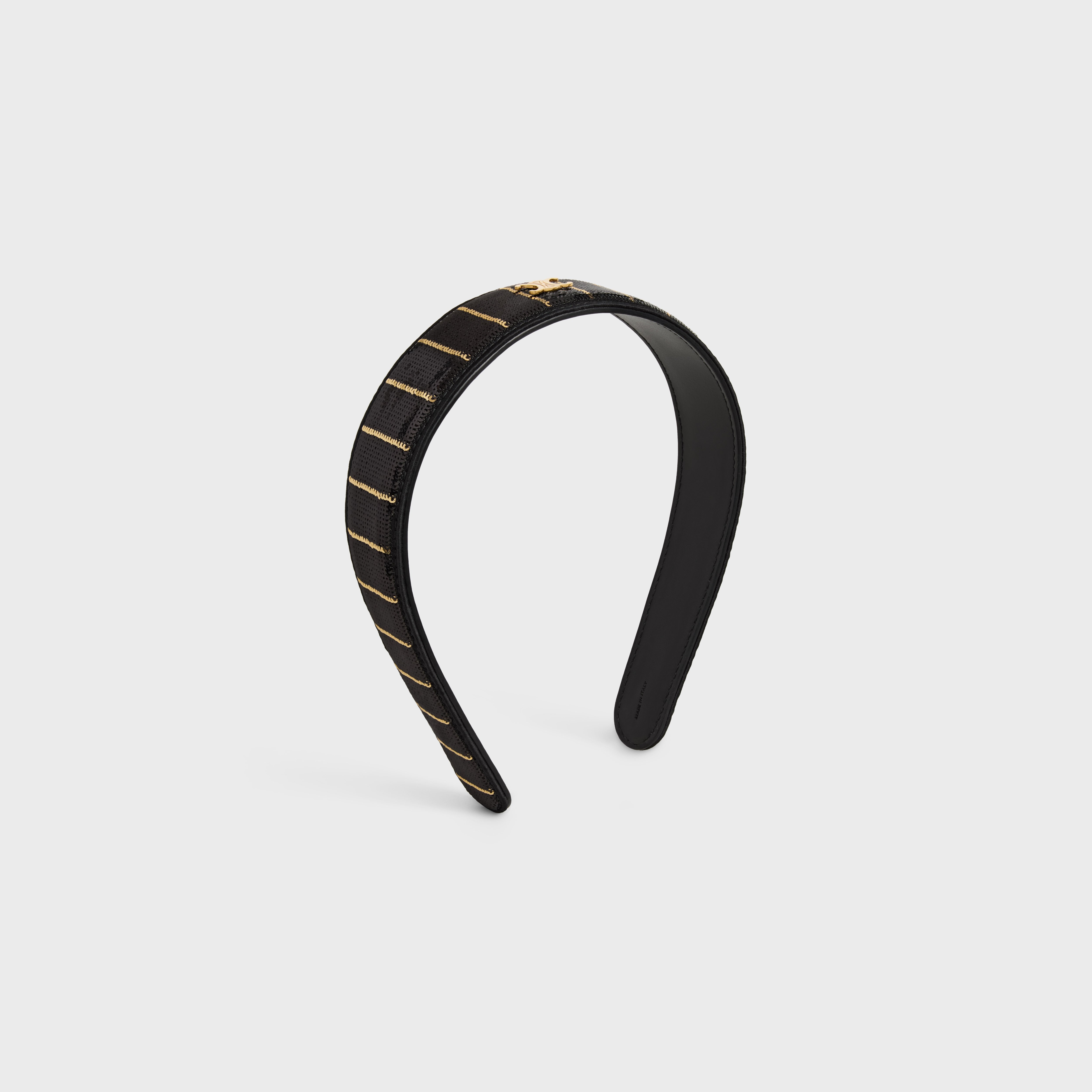 Celine Striped Sequins Headband In Calfskin, Polyester And Brass With Gold Finish In Black