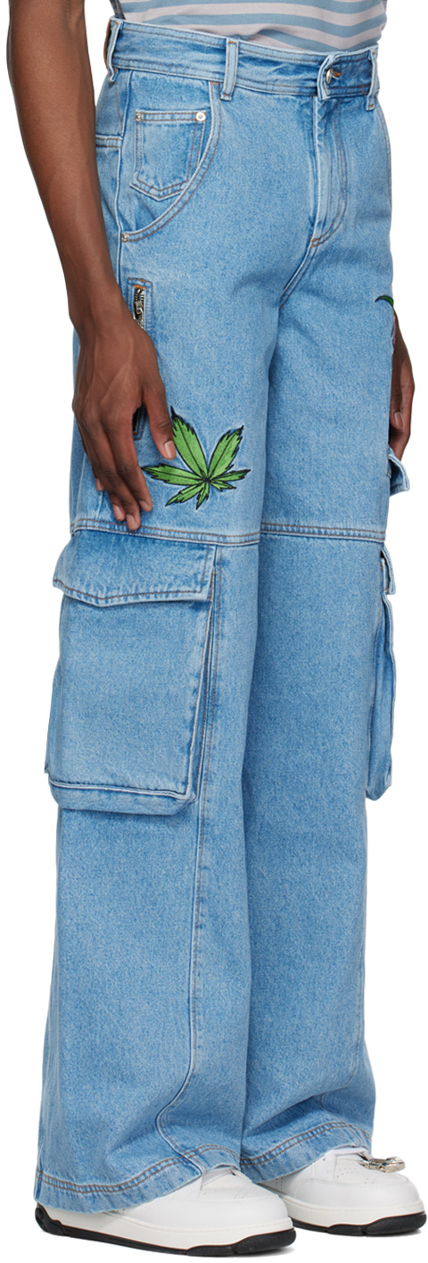 Gcds Blue Embroidered Denim Cargo Pants In Blue