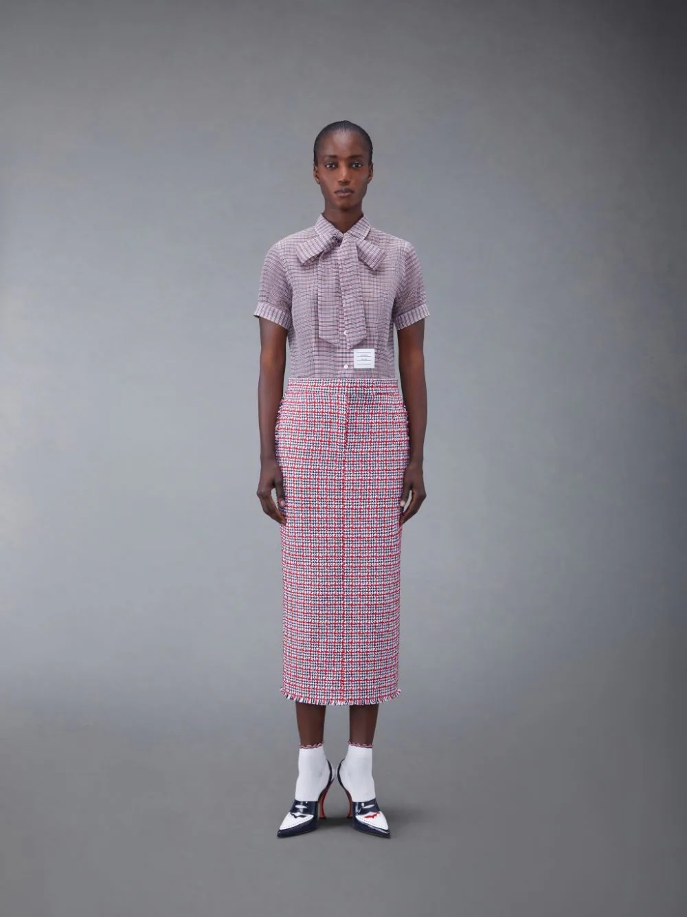 Thom Browne Pussy-bow Check-pattern Blouse In Multicolor