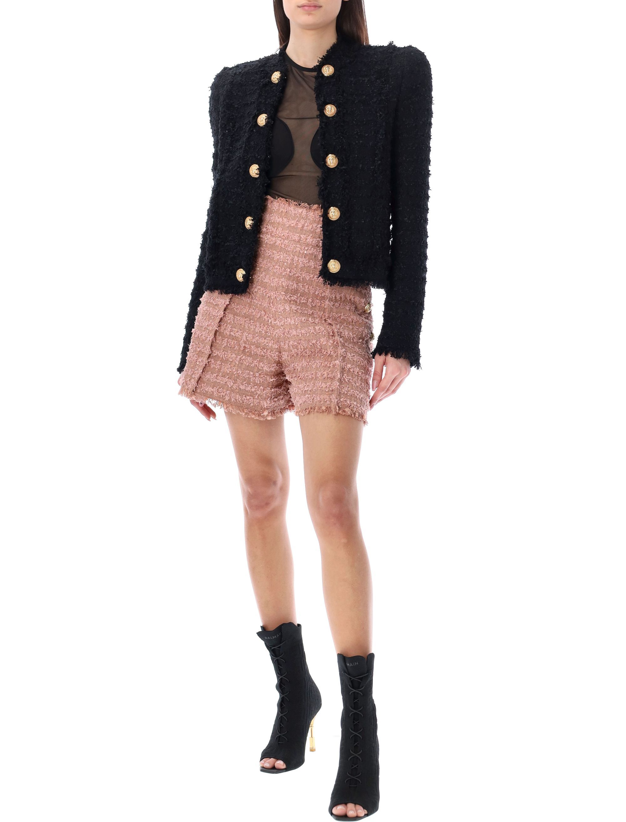 Balmain Collarless Four-pocket Tweed Jacket In Black