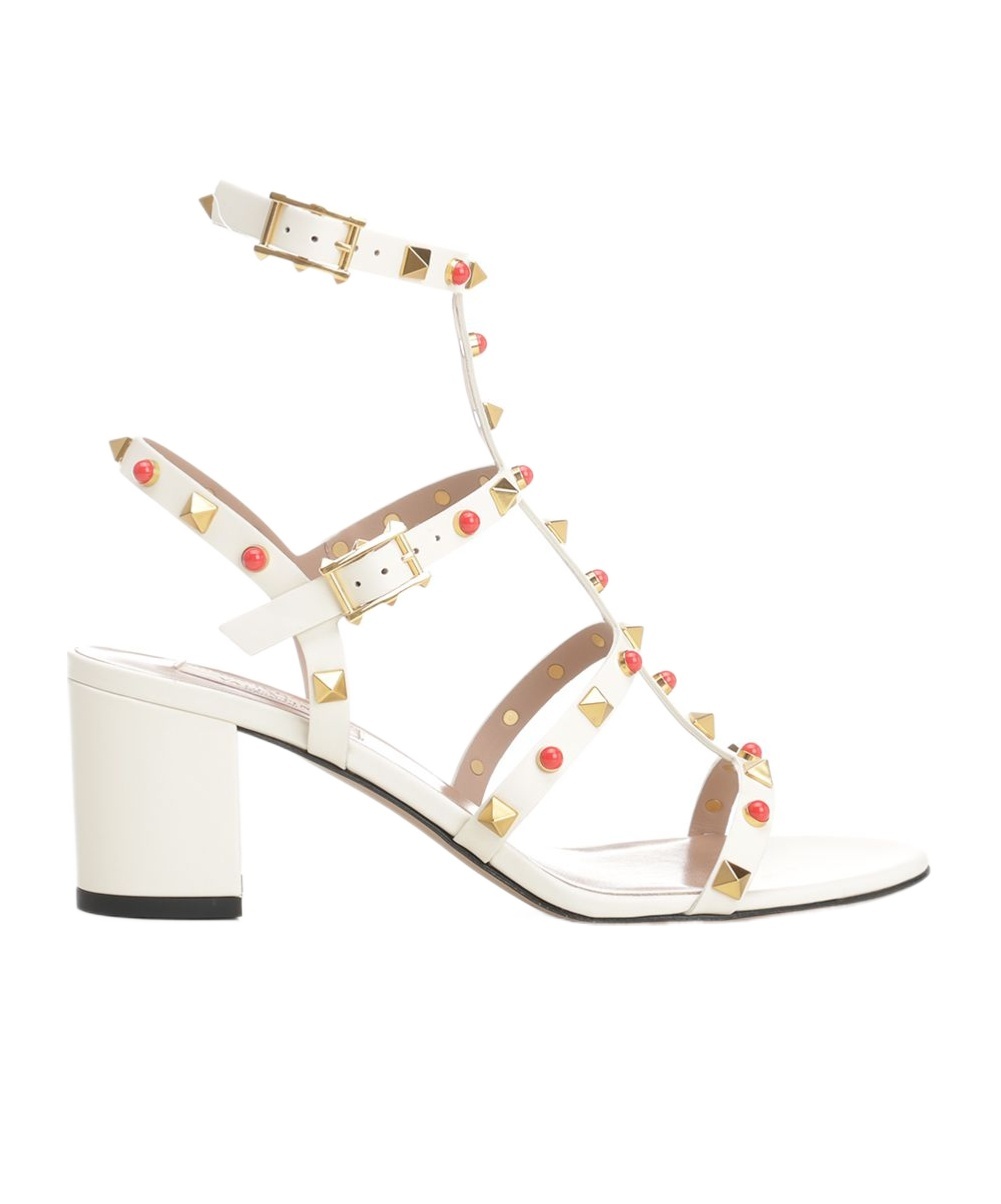 Valentino Rockstud Caged Ankle-strap Leather Sandals In White