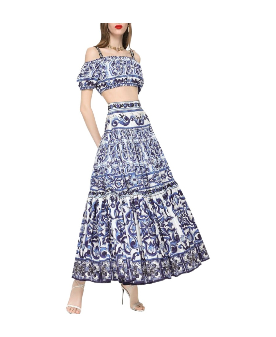 Dolce & Gabbana Printed Light Cotton Poplin Long Skirt In Multicolor