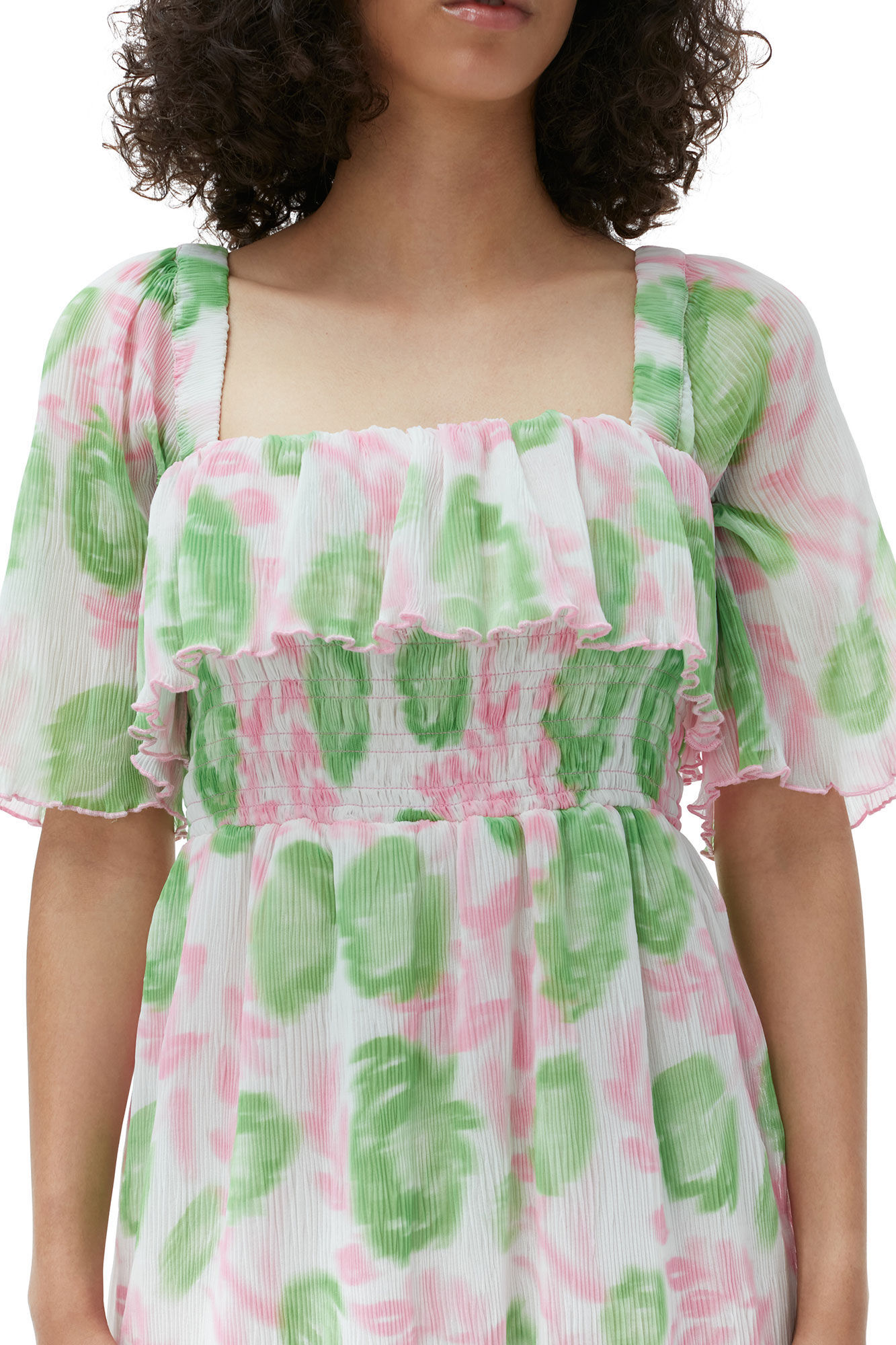 Ganni Short Sleeve Pleated Georgette Midi Smock Dress In Pink