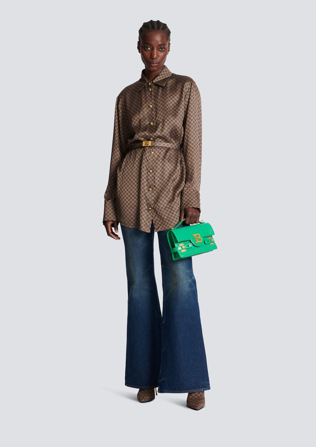 Balmain Silk Shirt With A Mini Monogram Print In Brown