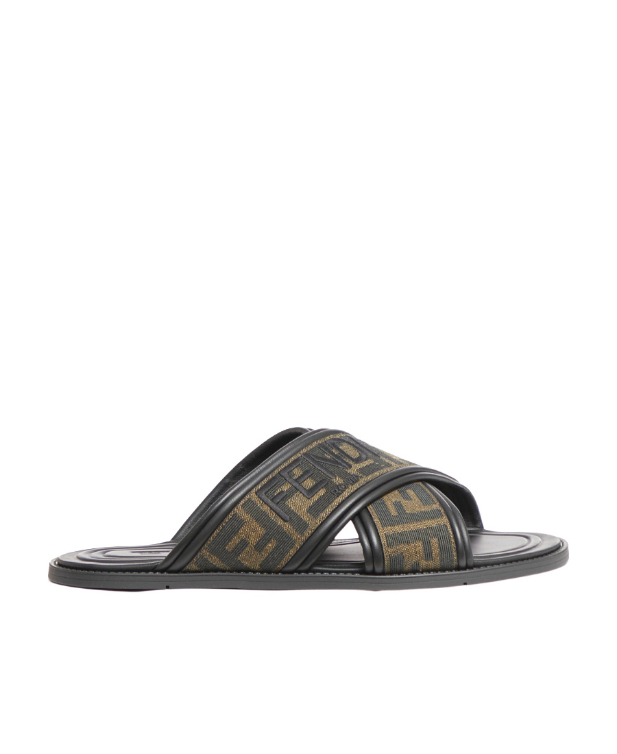 Fendi Logo-embroidered Crossover Strap Slides In Black