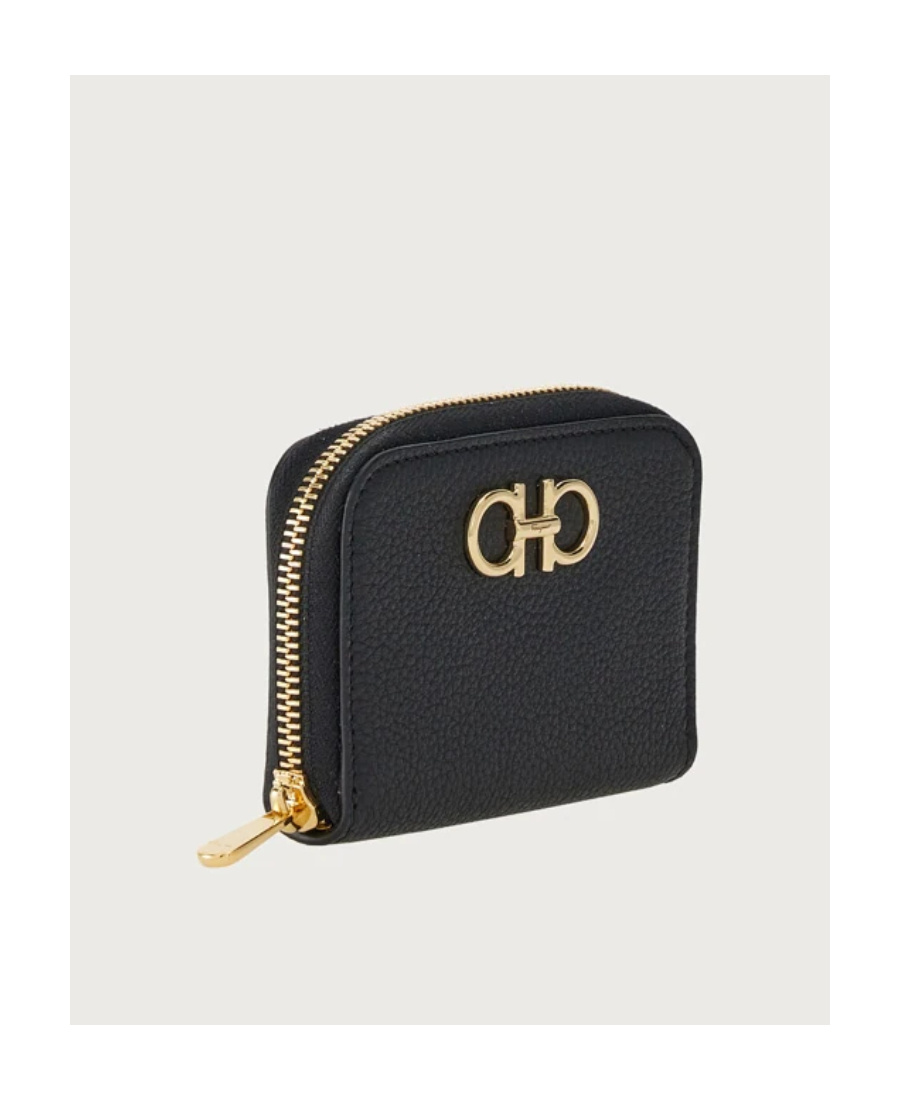 Ferragamo Black Coin Purse With Gancino Logo In Hammered Leaher Woman In Black