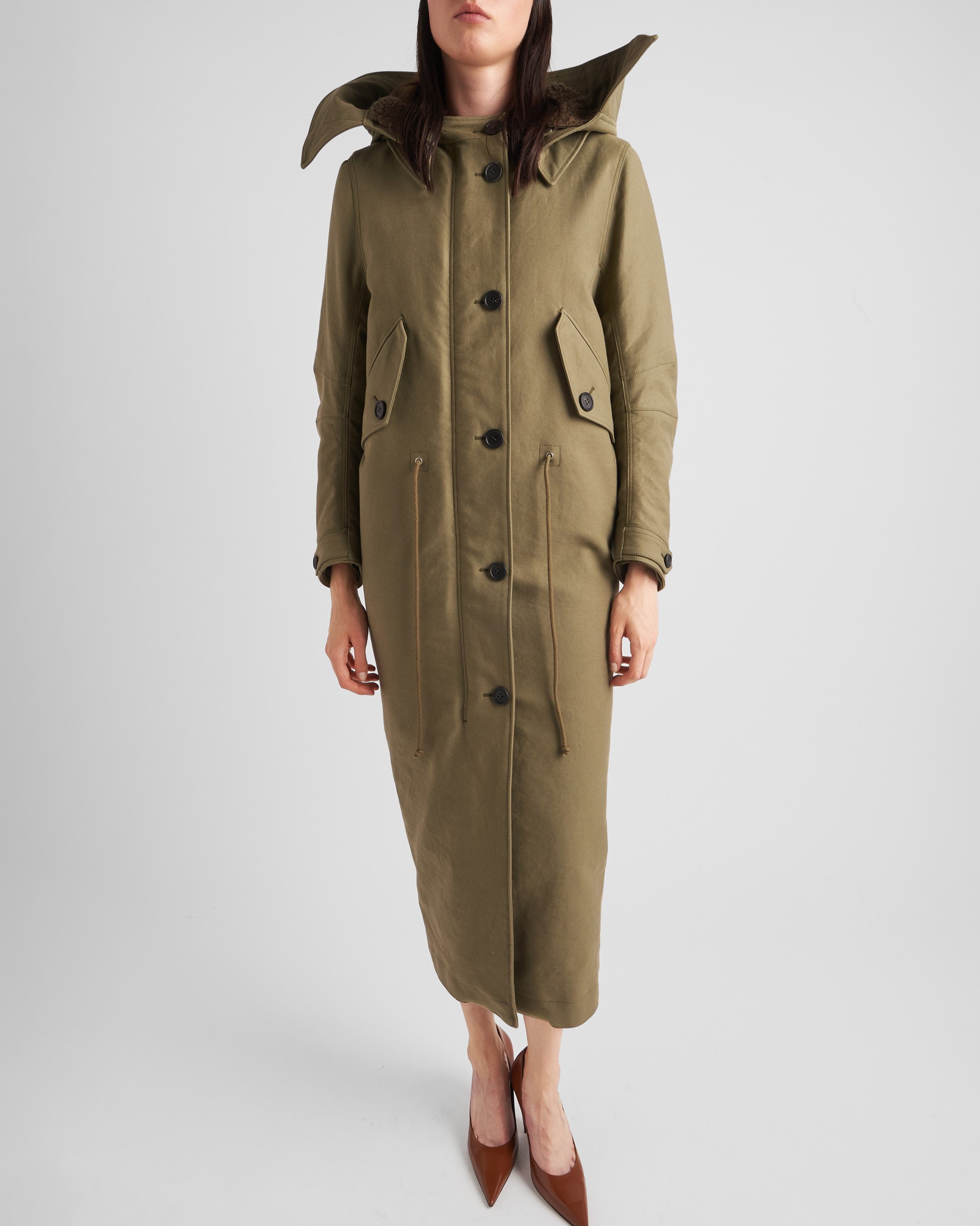 Prada Army Green Satin Cotton Parka Coat In Green