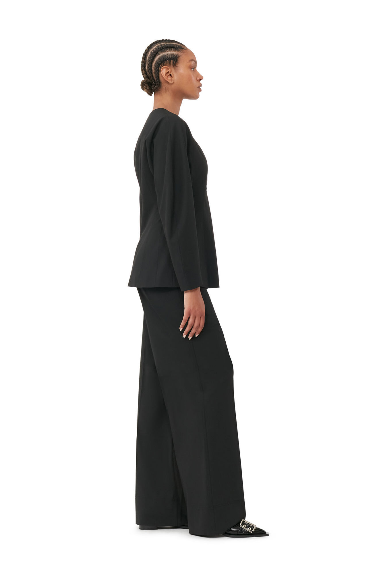 Ganni Black Fitted Drapey Melange Blazer In Black