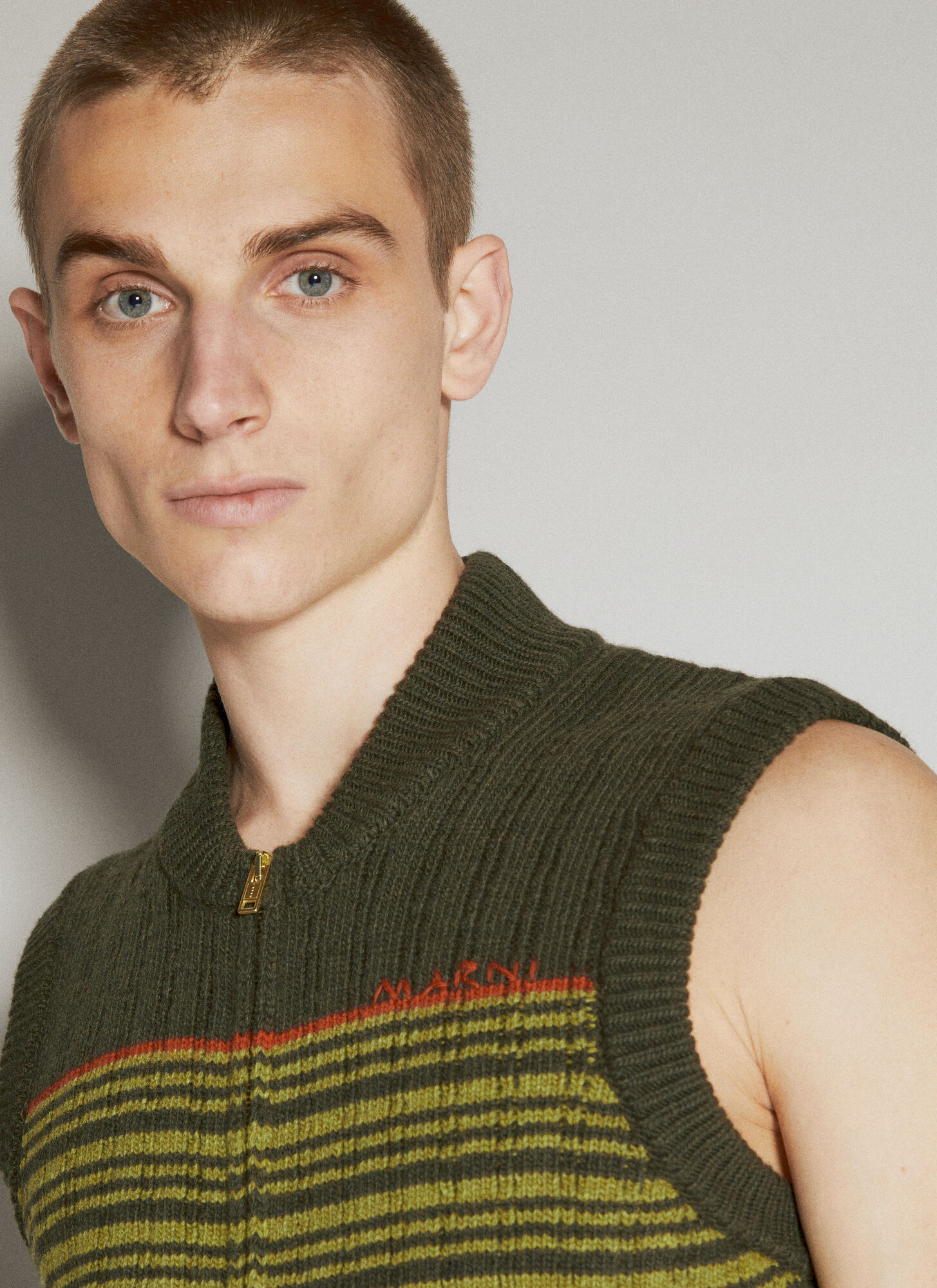 Shop Marni Zip-up Striped Knitted Gilet In Green