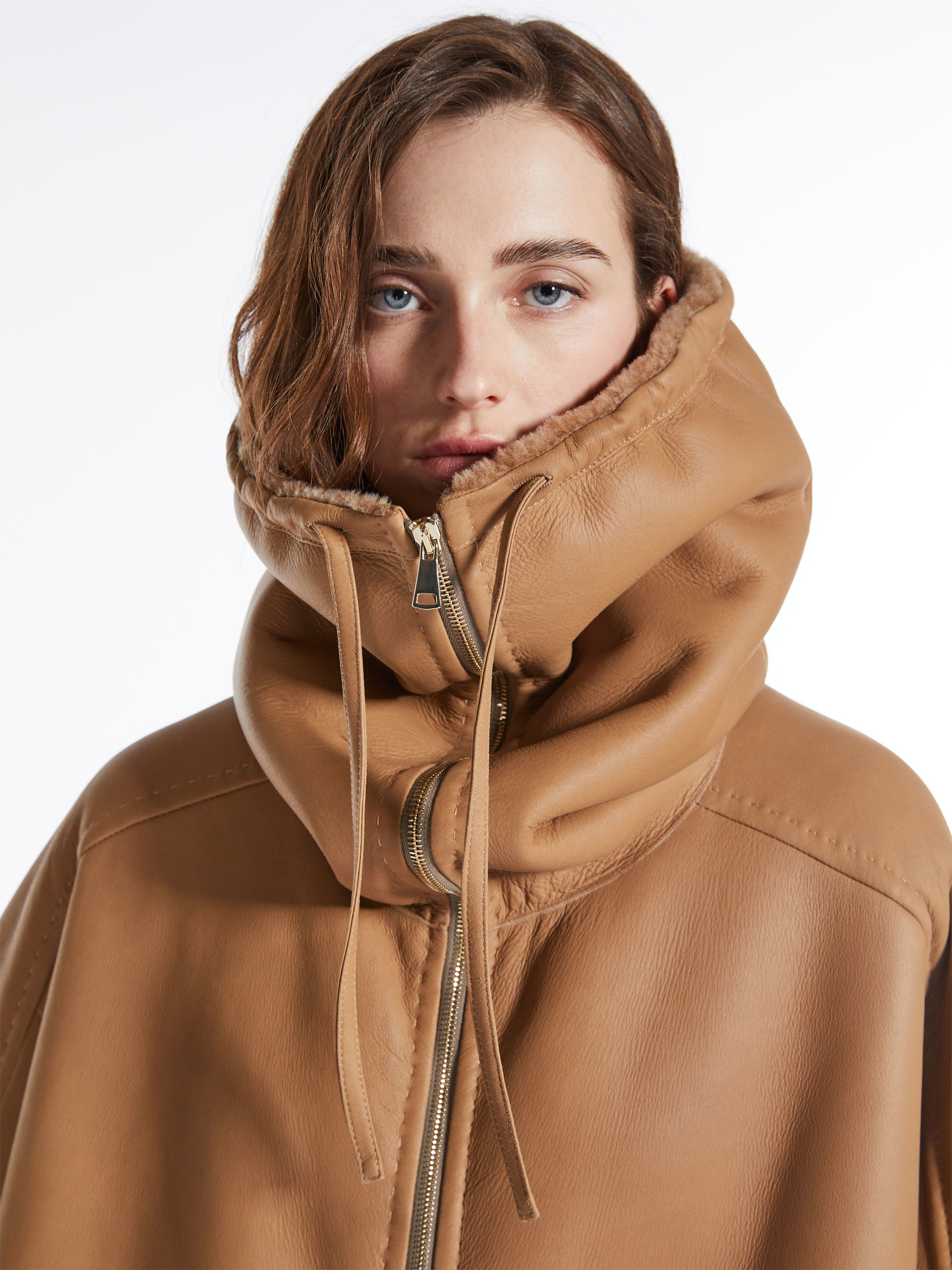 Max Mara Shearling-trim Cape Coat In Nude
