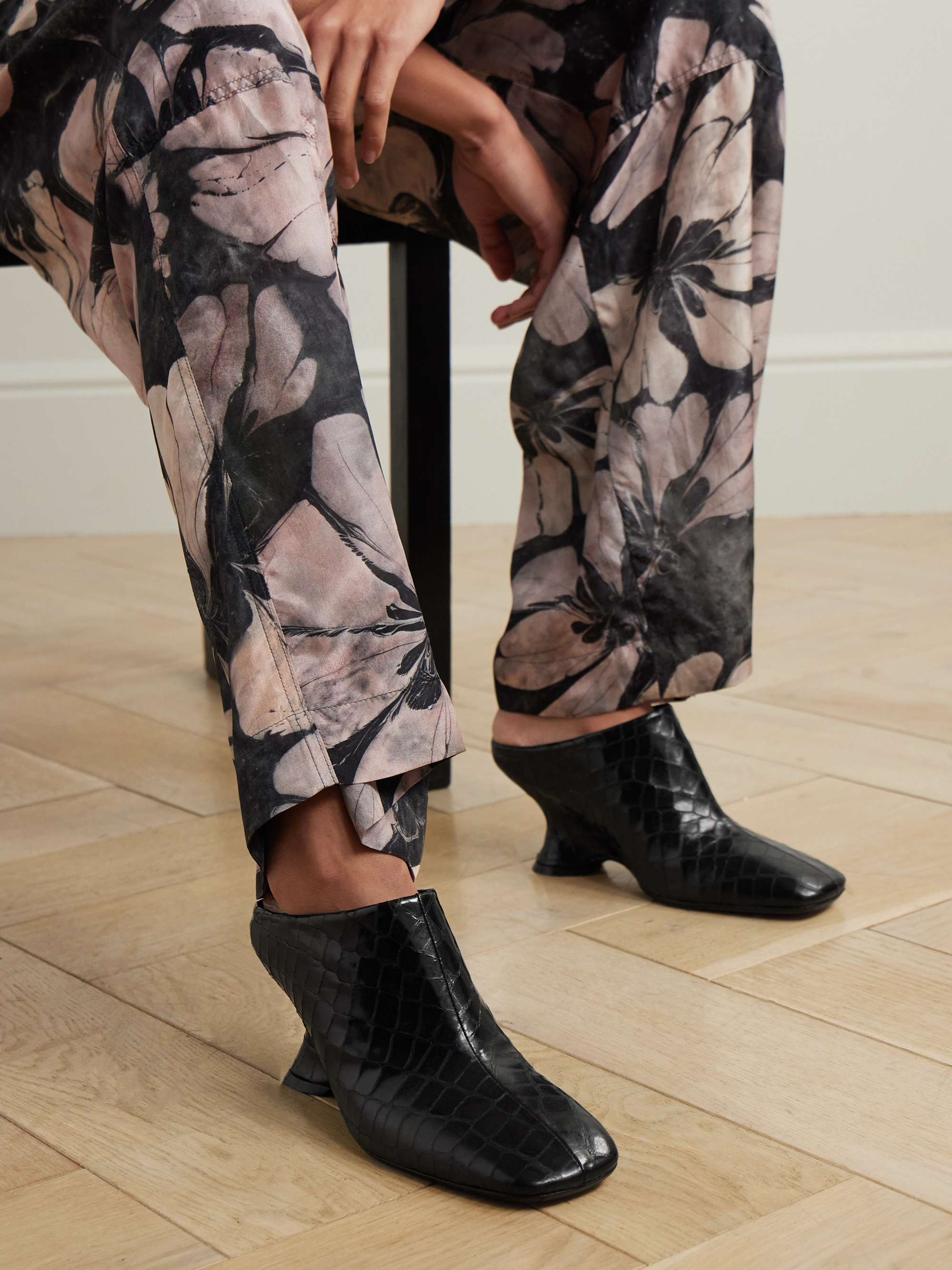 Dries Van Noten Croc-effect Leather Wedge Mules In Black