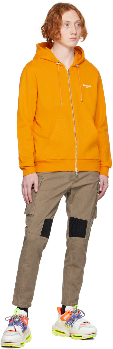 Shop Balmain Flocking Hooded Zipper Hoodie In Orange