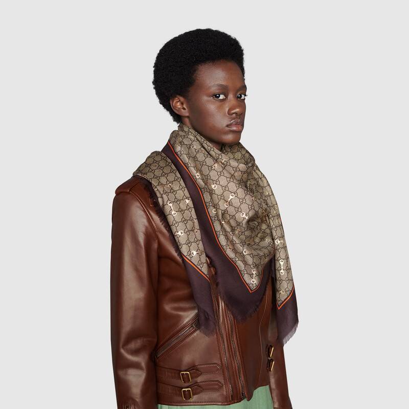 Gucci Gg Print With Horsebits Modal Shawl In Nude
