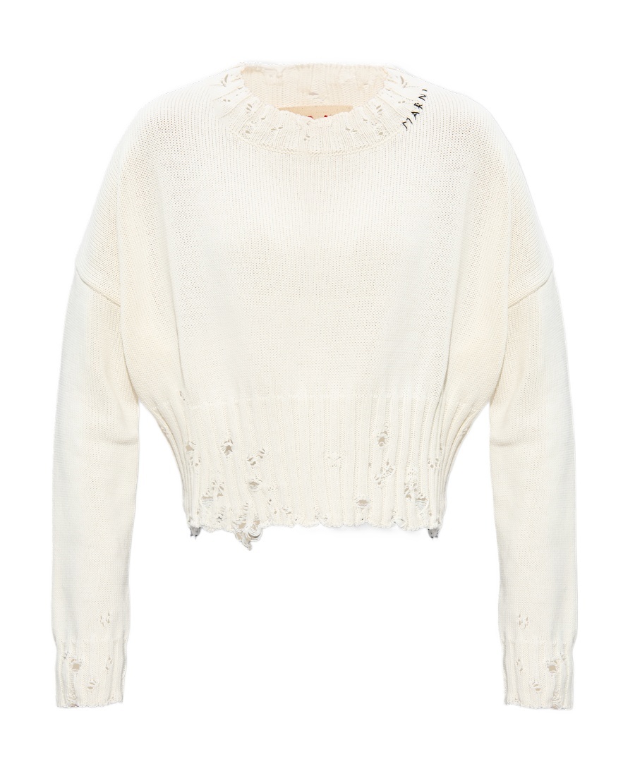 Marni Cropped Distressed Jumper In White