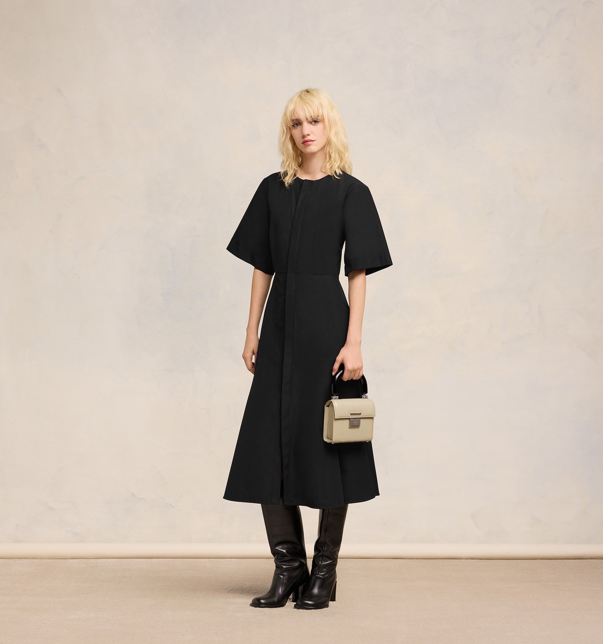 Ami Alexandre Mattiussi Midi Black Dress With Short Sleeves And Hidden Tab In Cotton Woman In Black