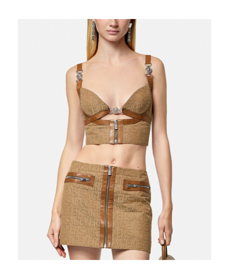 Shop Versace All-over Logo Print Crop Top In Brown