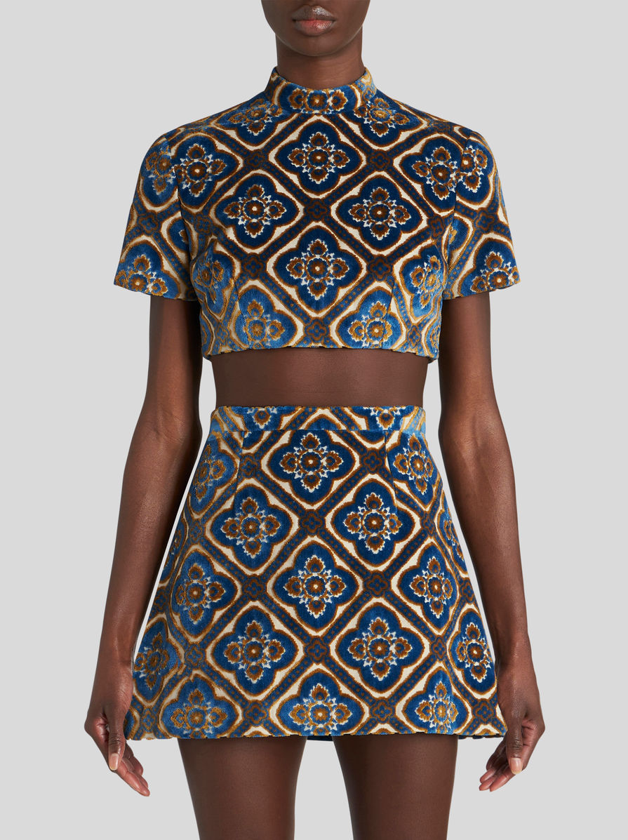 Etro Abstract-print Velvet Crop Top In Black