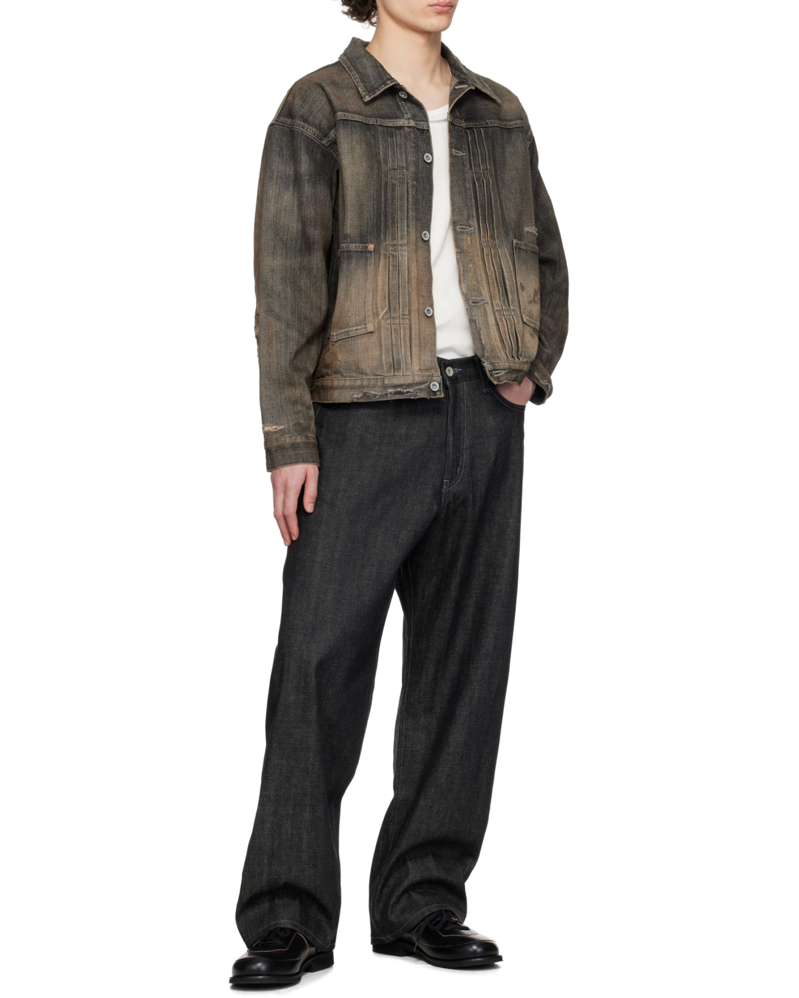 Neighborhood Distressed Denim Jacket In Green