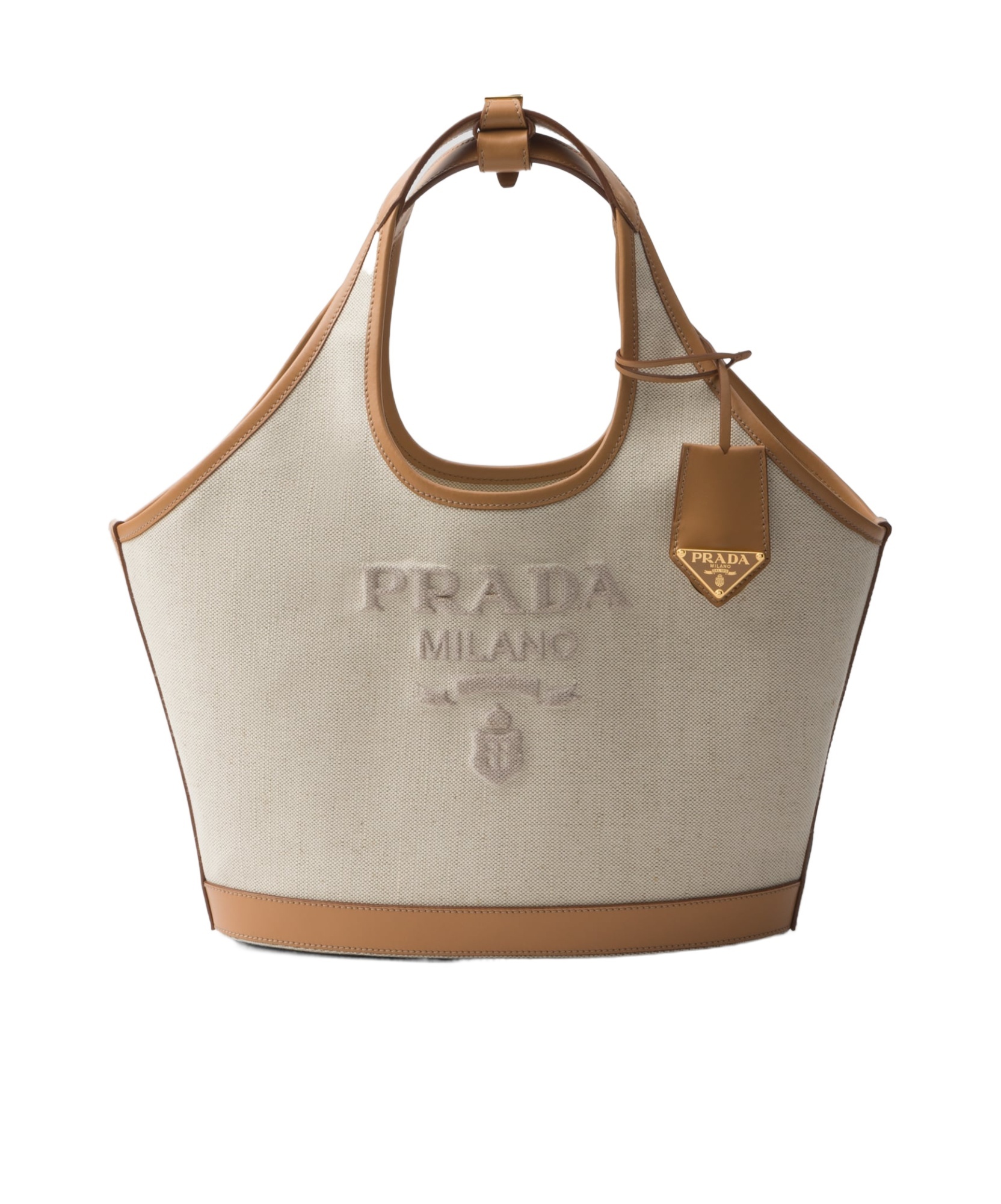 Prada Triangle Shape Canvas Handbag With Leather Trim In Nude