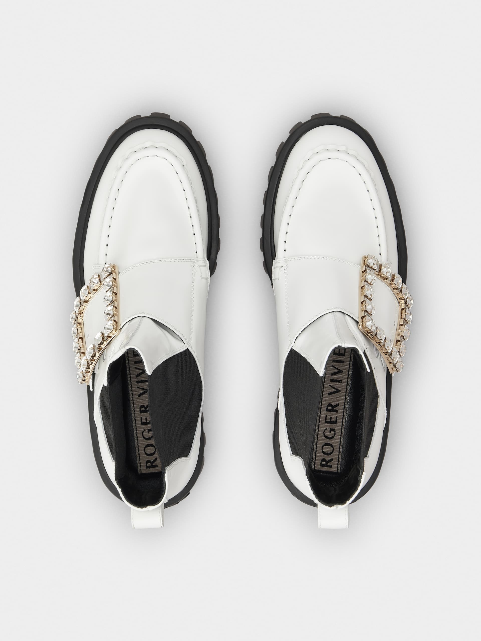 ROGER VIVIER VIV' GO-THICK STRASS BUCKLE CHEALSEA ANKLE BOOTS IN PATENT LEATHER