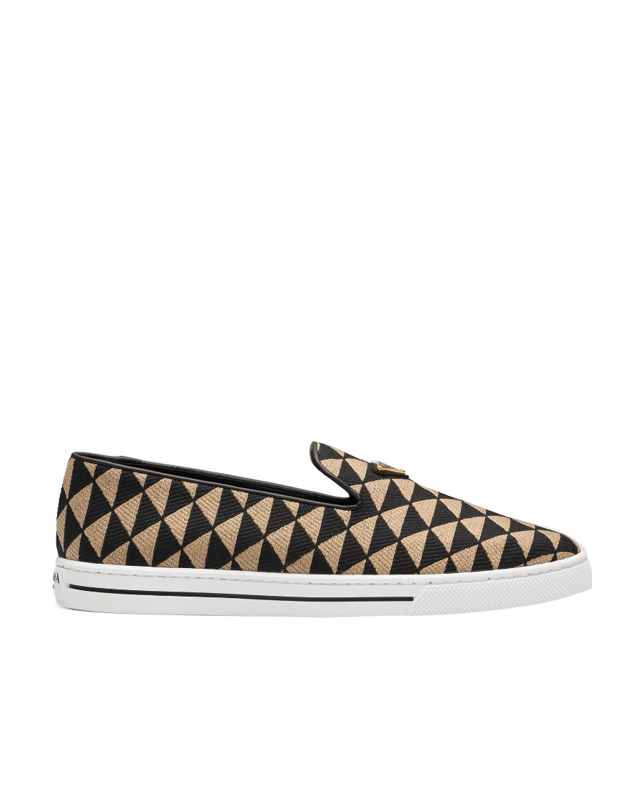 Prada Symbole Triangle-logo Loafers In Black/beige