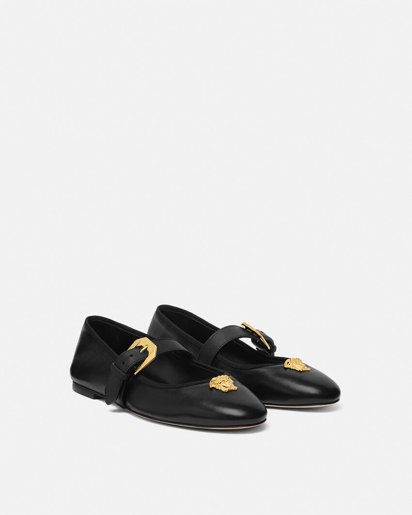 Versace Nappa Leather Flat Ballerinas With Buckle Detail In Black
