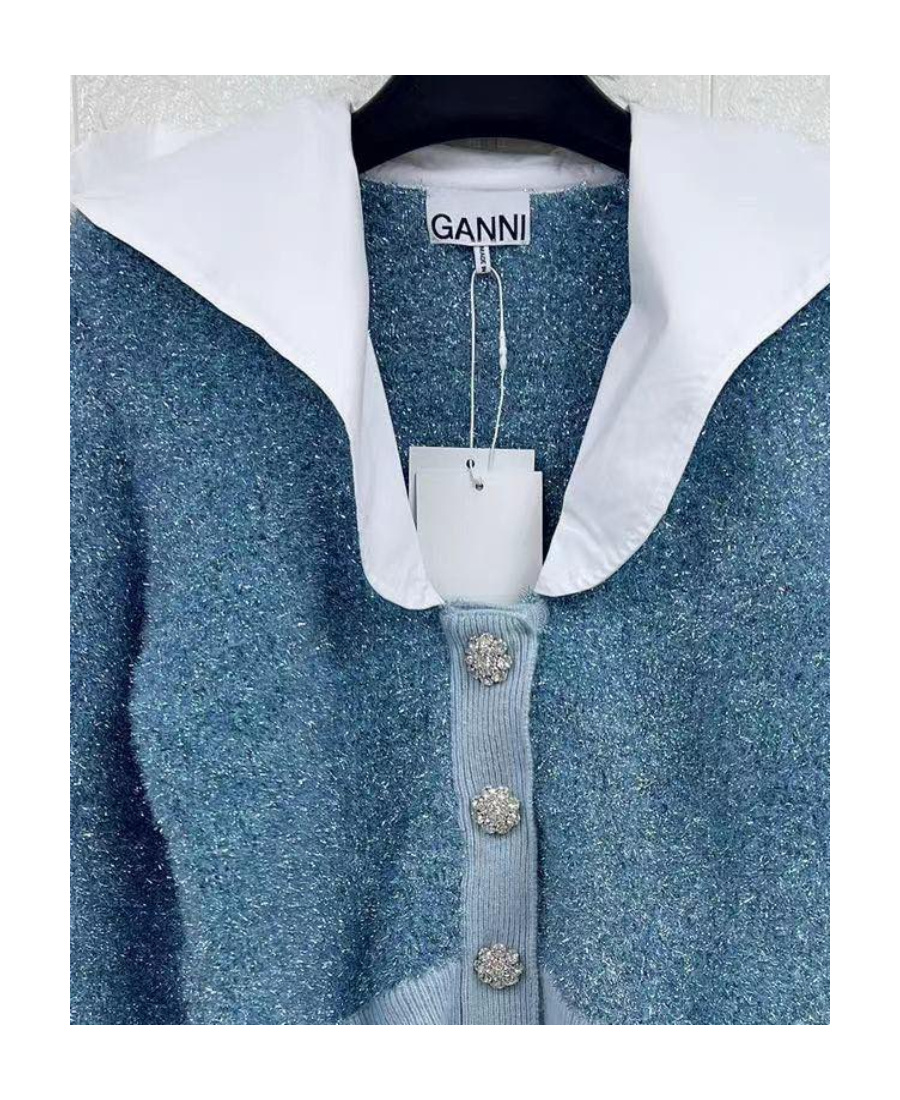 Ganni Lapel Knitted Cardigan In Blue