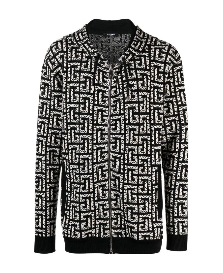 Balmain Monogram Intarsia-knit Zipped Hoodie In Black