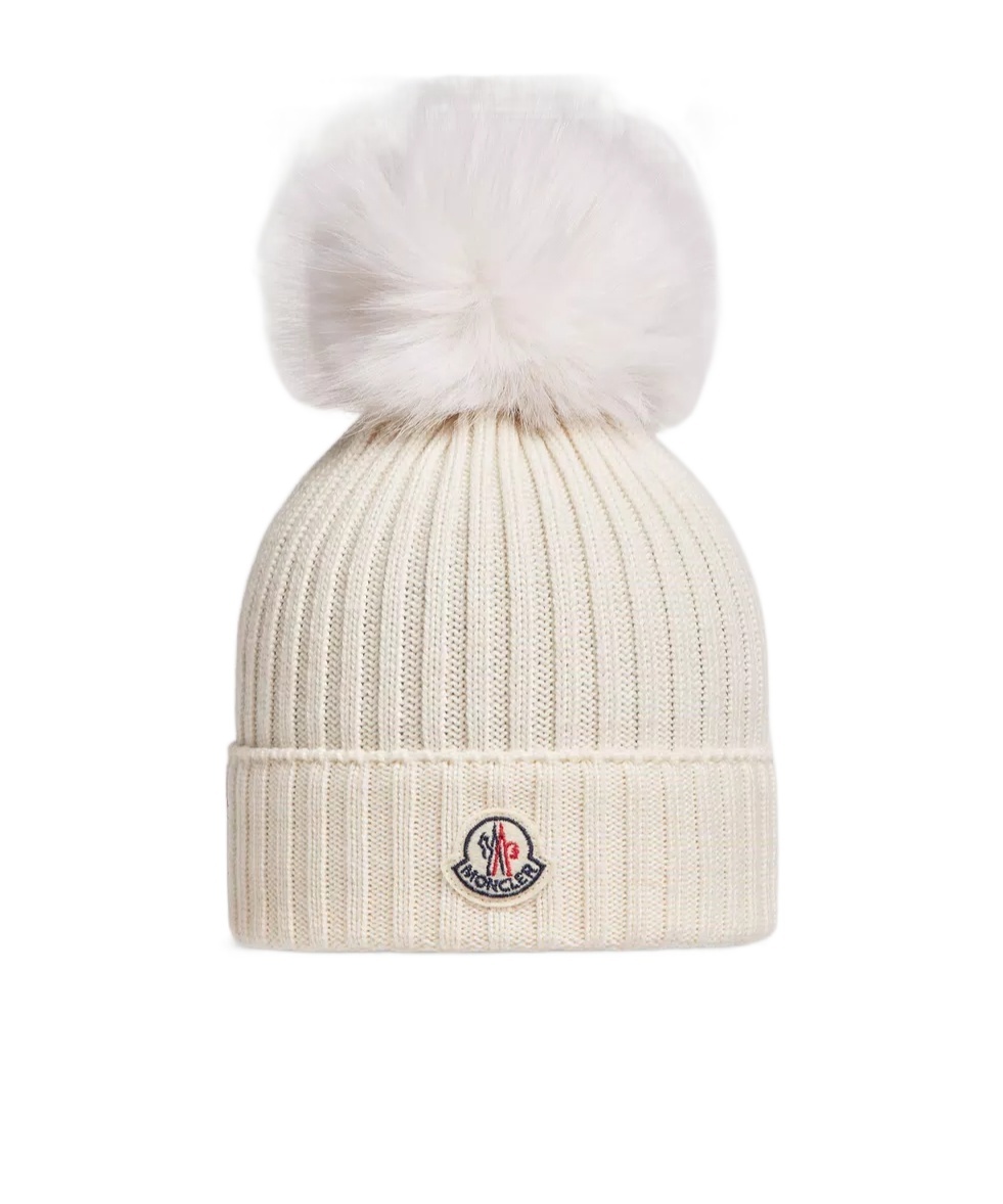 Moncler Pompom Ribbed Beanie In White