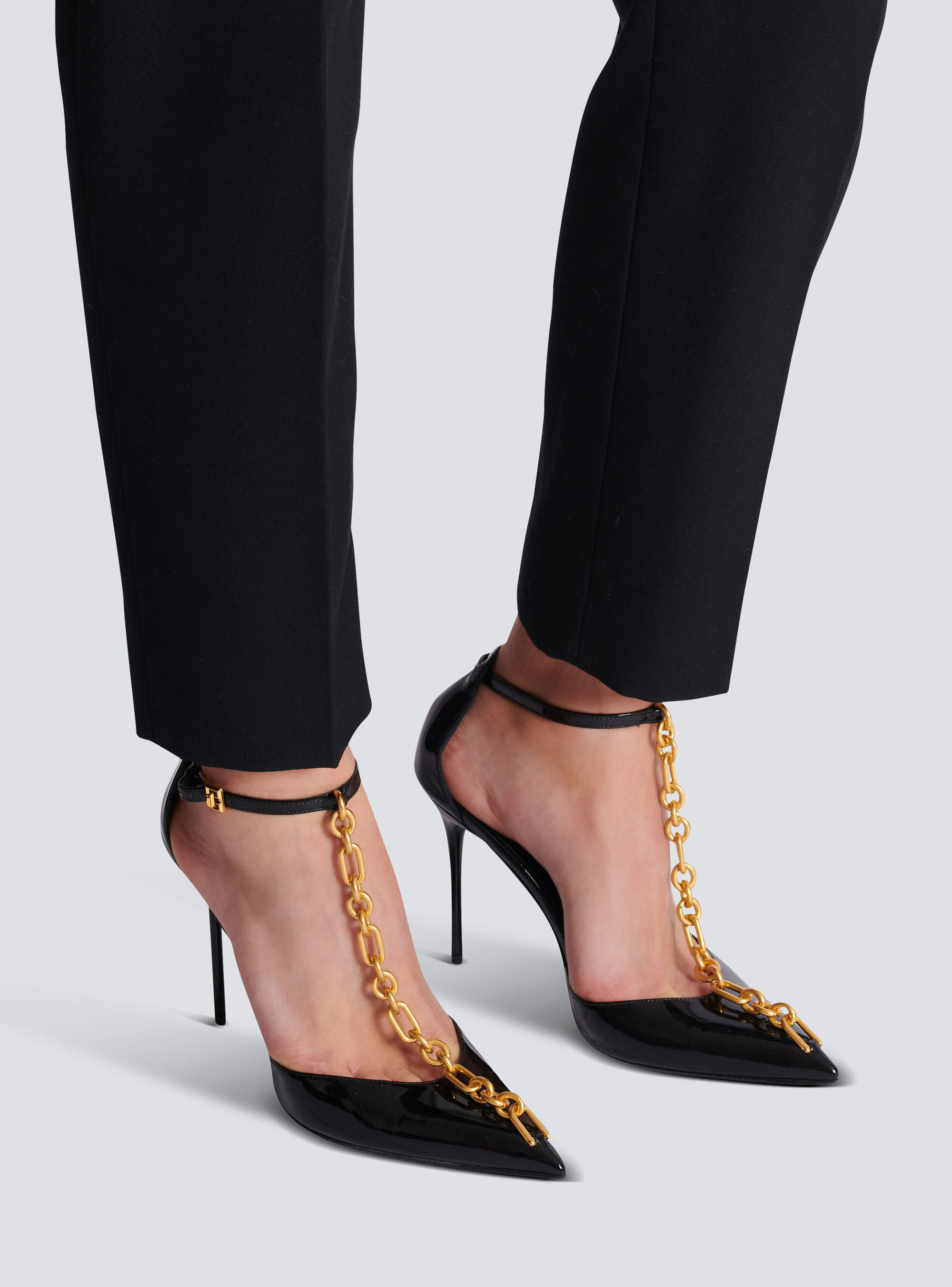 Balmain Sync Patent Leather Chain T-strap Pumps