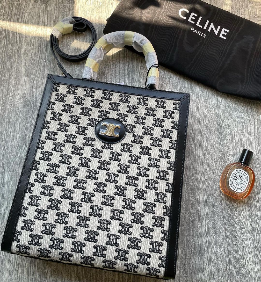 Celine Capas Small Trimphe Embroidered Fabric Vertical Handbag In Black