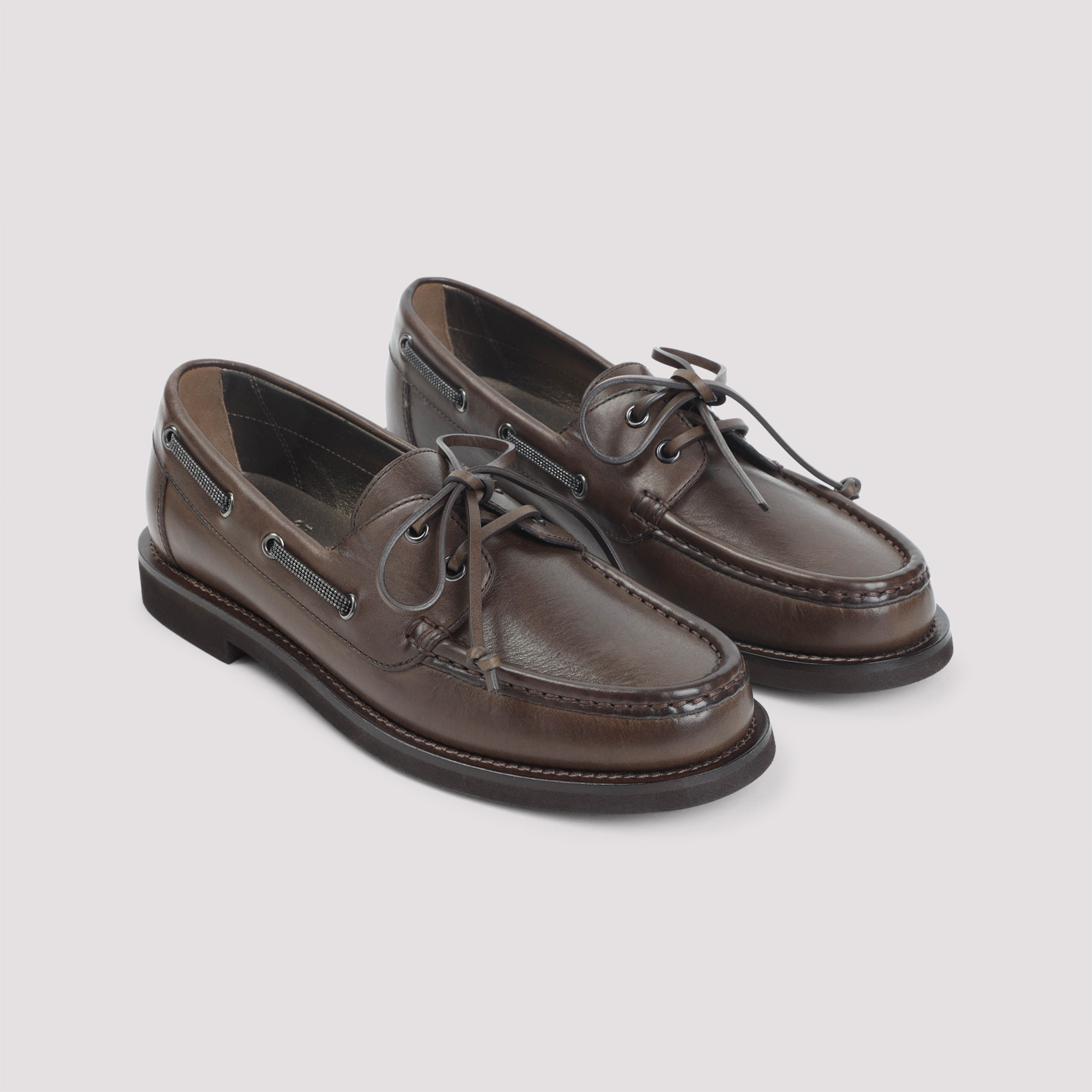 Brunello Cucinelli Women Leather Loafers With Monili Detail In Brown
