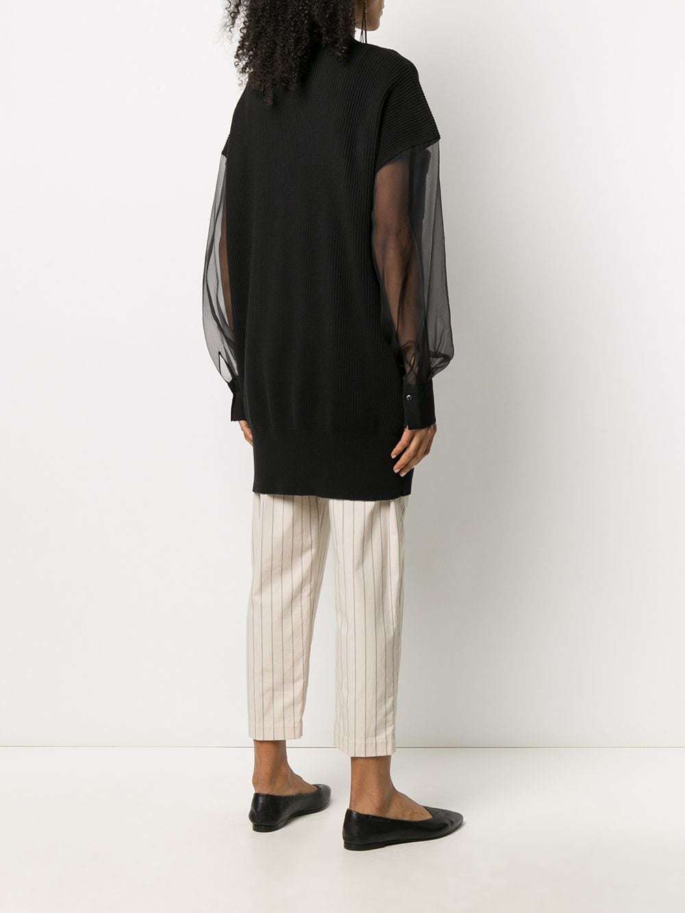 Shop Brunello Cucinelli Chiffon-sleeved Ribbed Cardigan In Black