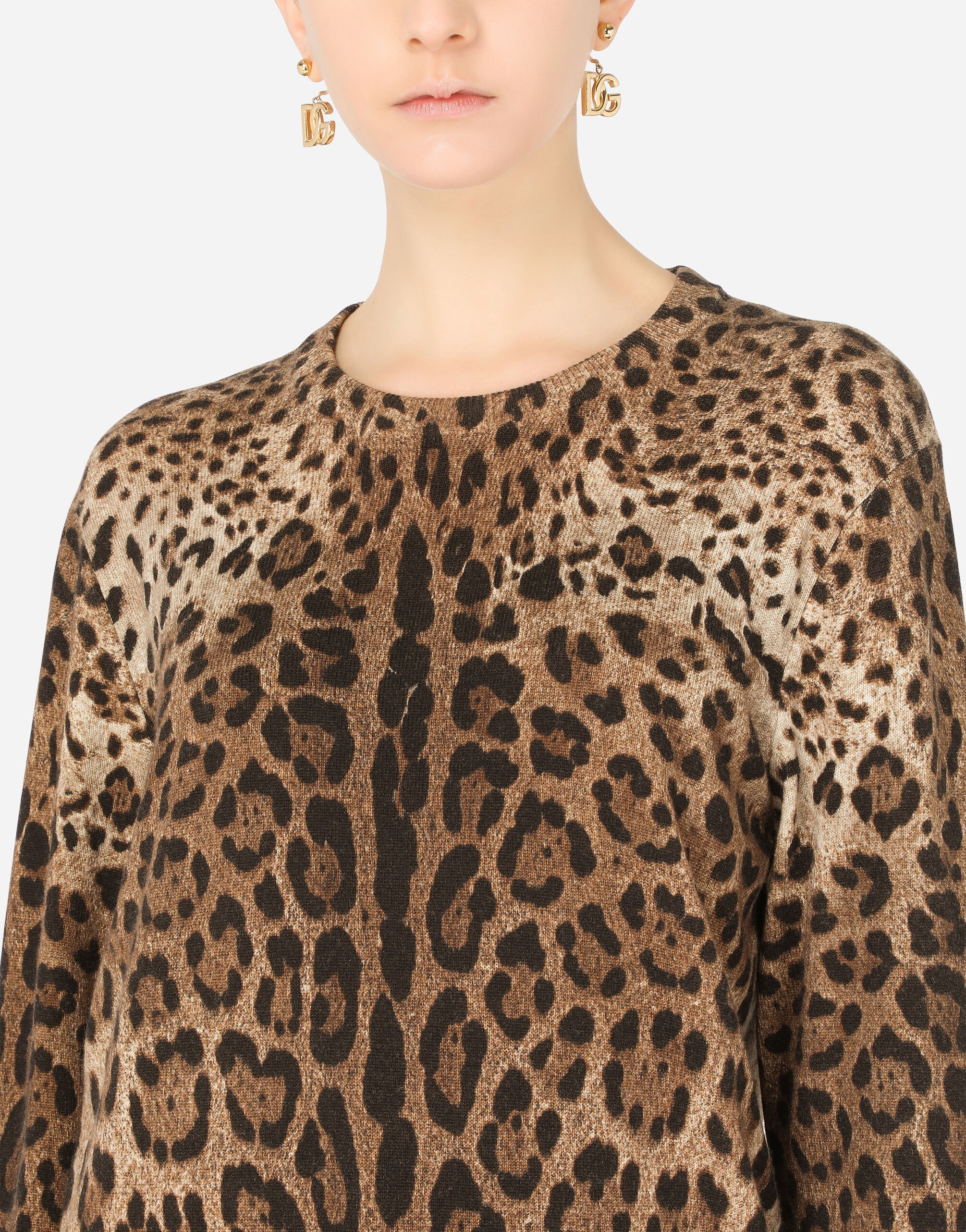 Dolce & Gabbana Leopard Print Cashmere Sweater In Brown