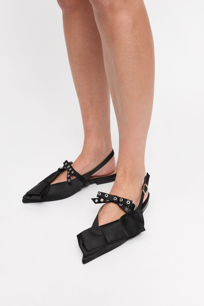 Ganni Big Bow Slingback Pointed-toe Flats In Black