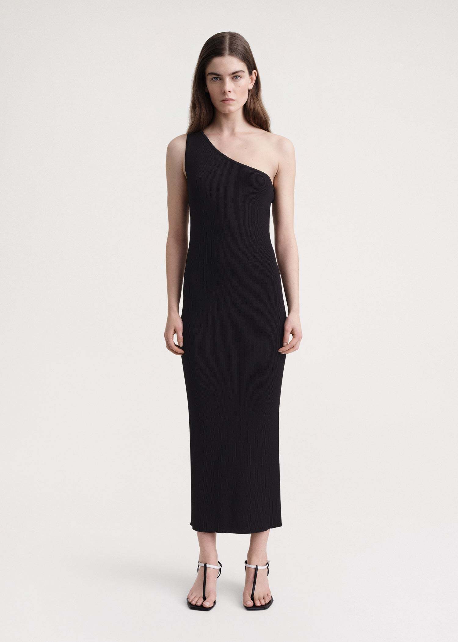 Shop Totême One-shoulder Ribbed-knit Dress In Black