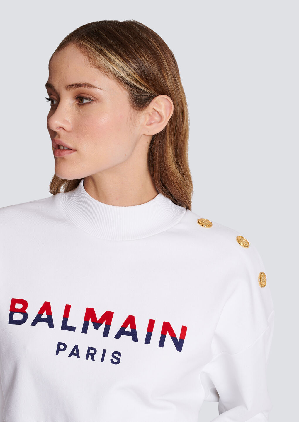 Balmain 3-button Flocked Logo-print Crop Sweatshirt In White