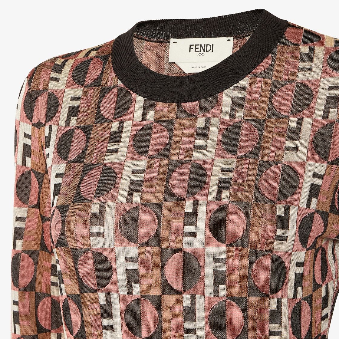 Fendi Shiny Jacquard Viscose Mini Dress With Geometric Pattern In Brown