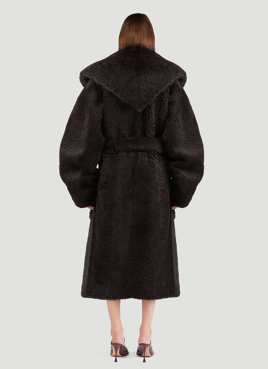 Bottega Veneta Hooded Belted Shearling Coat In Black
