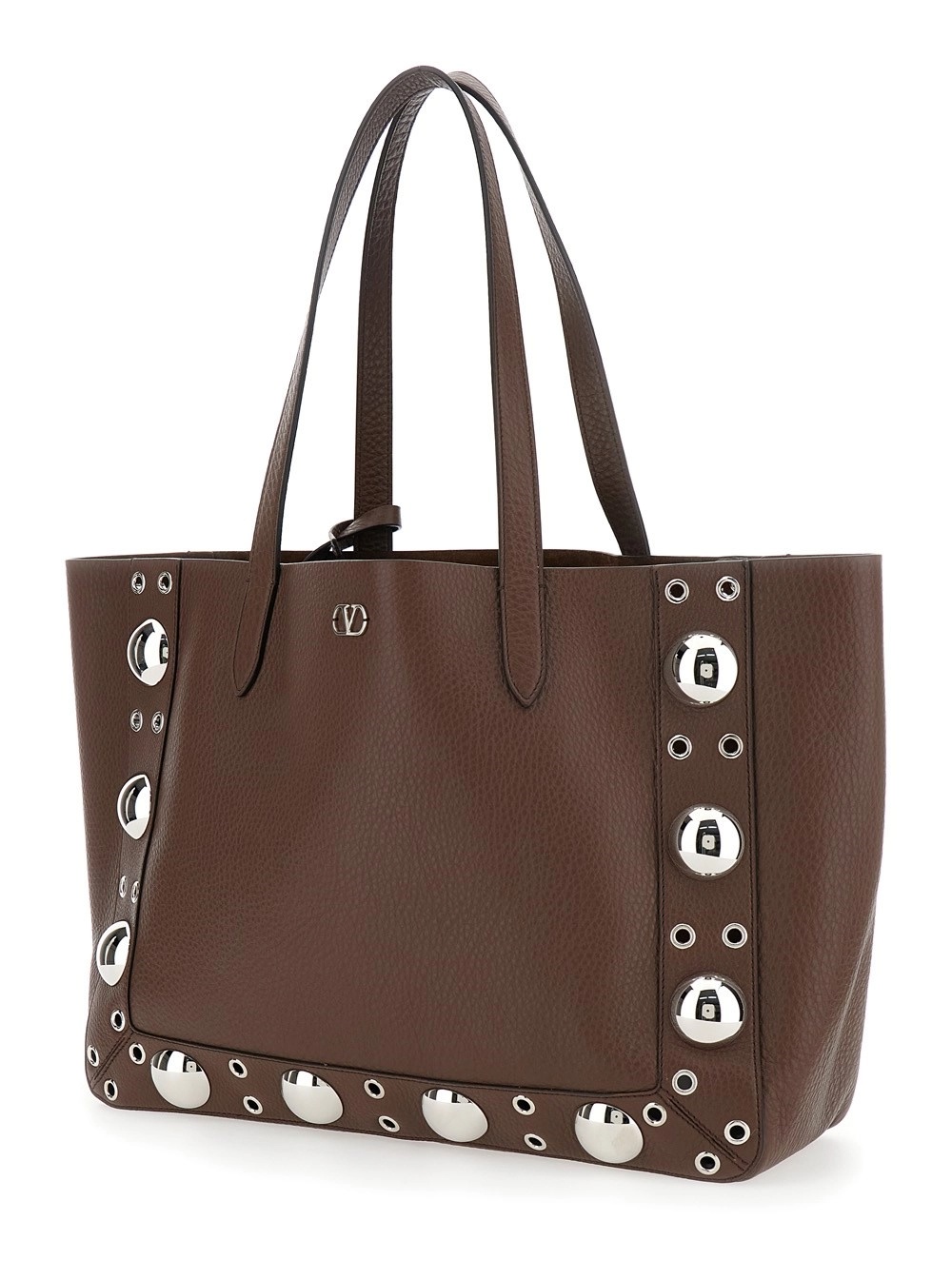 Valentino Medium Leather Tote With Eyelet And Studs In Brown