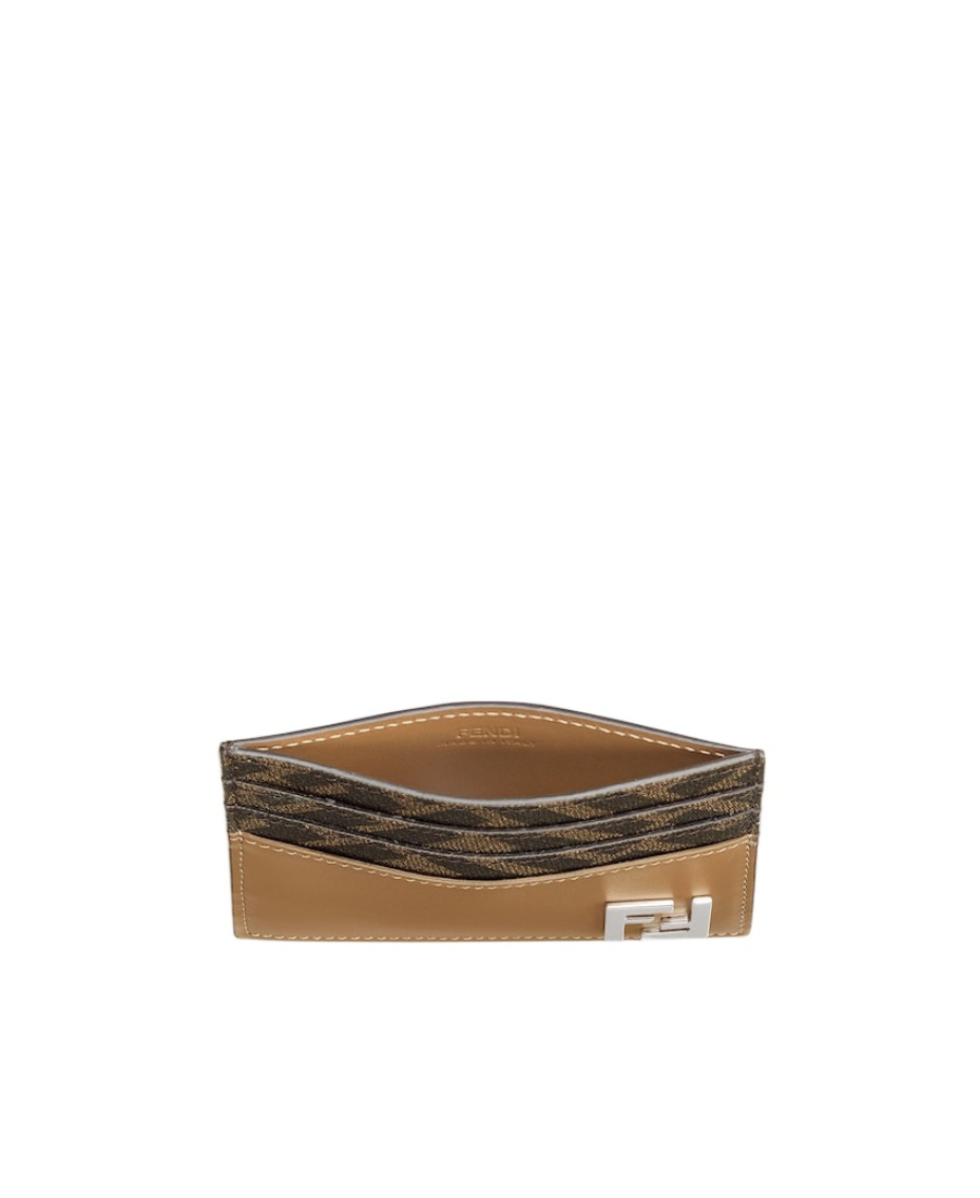 Fendi Squared Leather Card Holder With Ff Fabric Accents In Brown