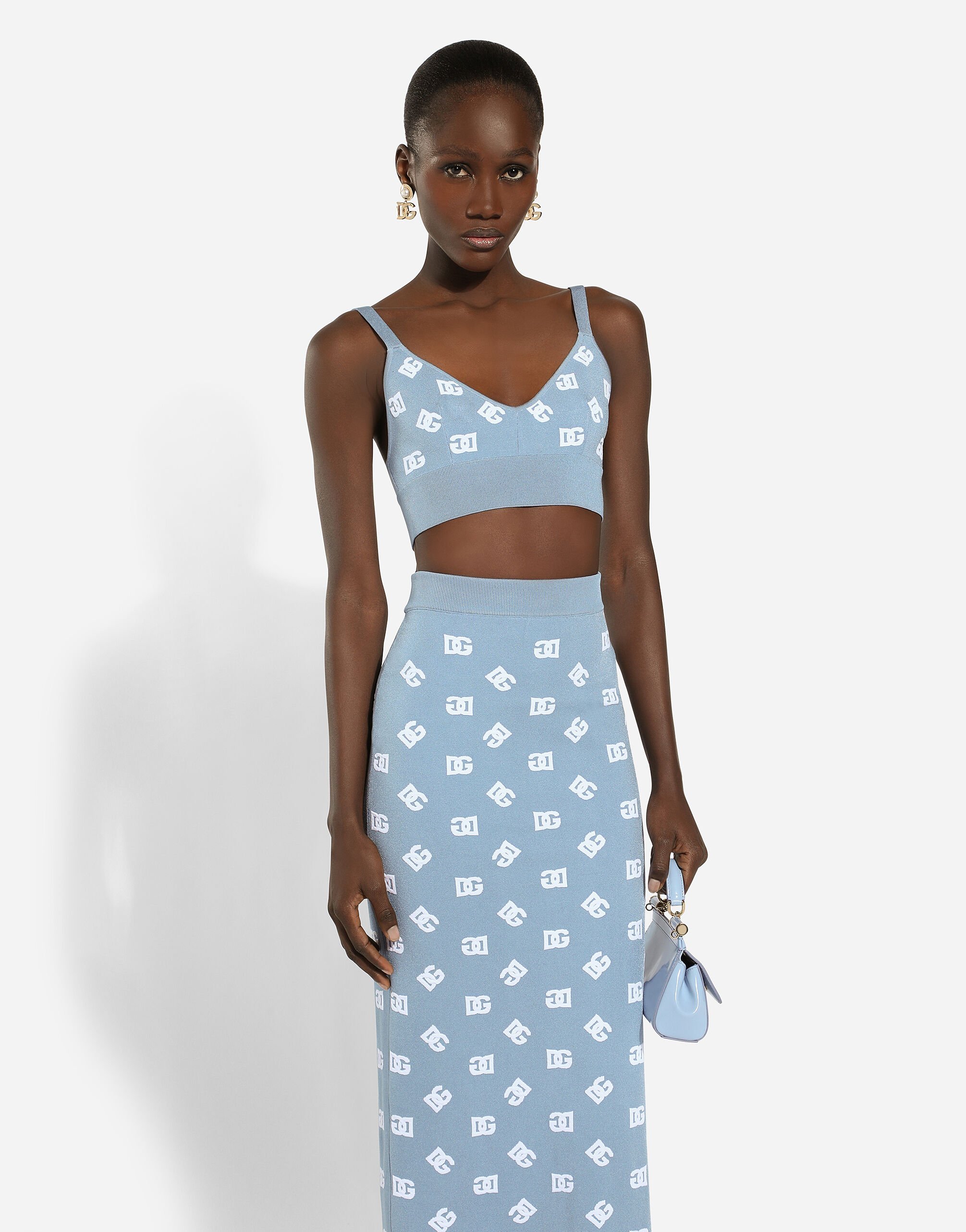 Dolce & Gabbana Jacquard Logo Cropped Top Tops Light Blue In Blue