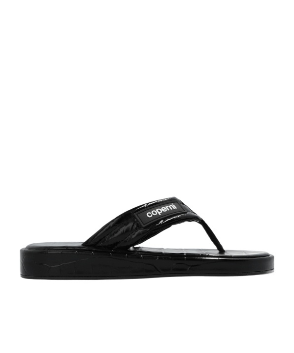 Coperni Logo-appliquéd Rubber-trimmed Croc-effect Patent Leather Flip Flops In Black