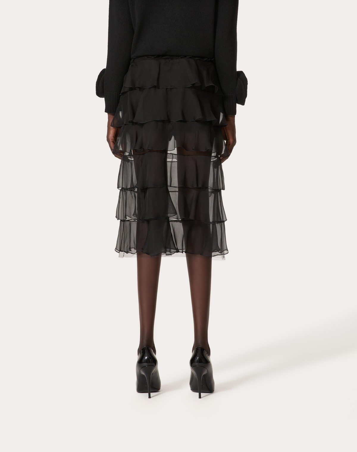 Valentino Semi-sheer Chiffon Midi Tiered Skirt In Black