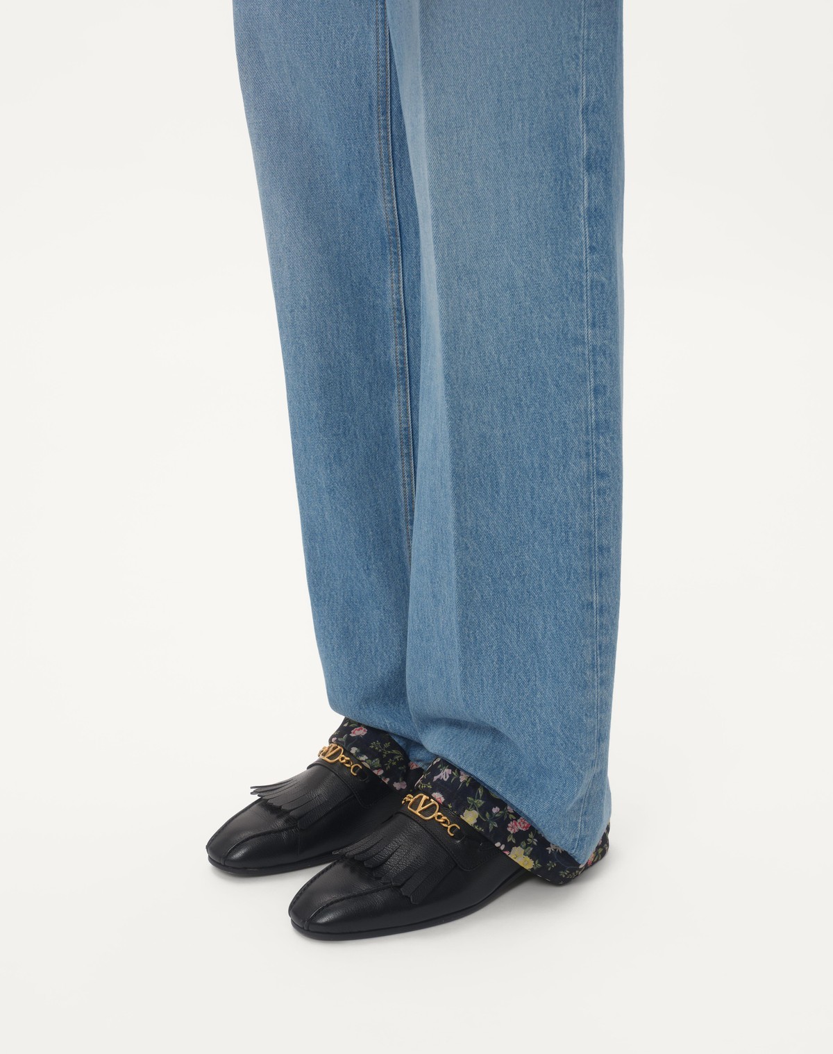 Valentino Denim Trousers With Floral Print Hem In Blue