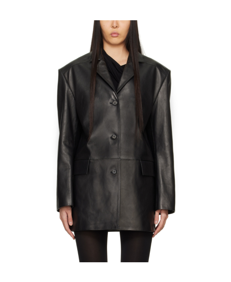Magda Butrym Leather Blazer With Waist Belt And Notched Lapels In Black