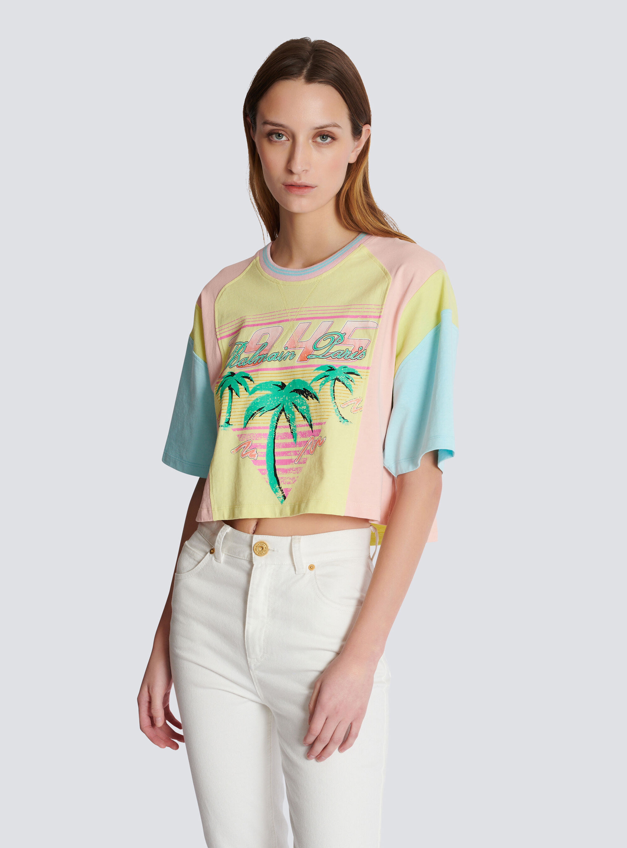Shop Balmain T-shirt With Palm Tree  Signature Print In Yellow