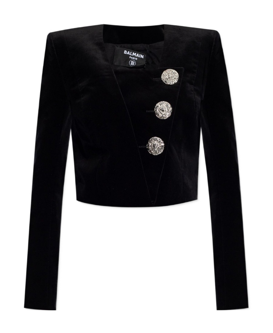 Balmain Embellished Cropped Blazer In Black Velvet In Black