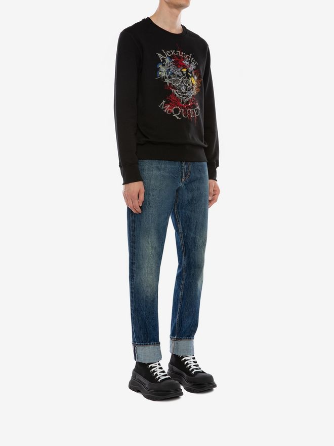 Alexander Mcqueen Floral Logo Embroidered Sweatshirt In Black