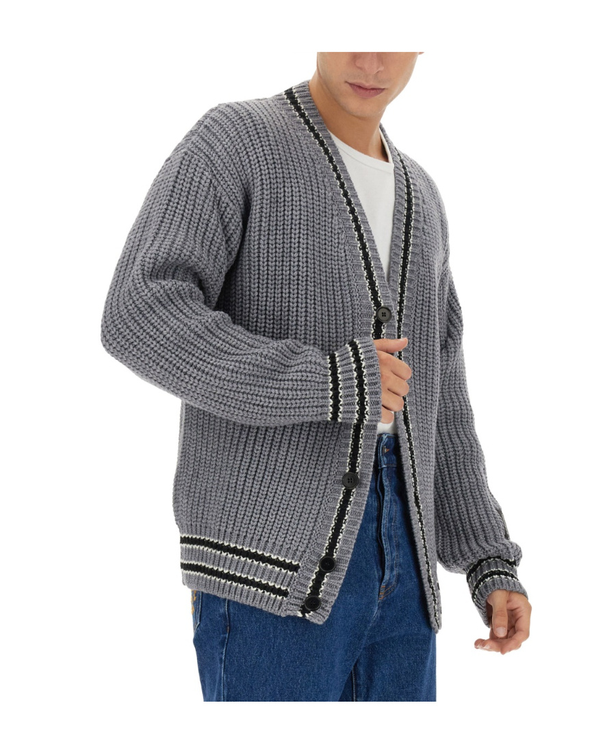Msgm Striped-trim Buttoned Cardigan In Gray